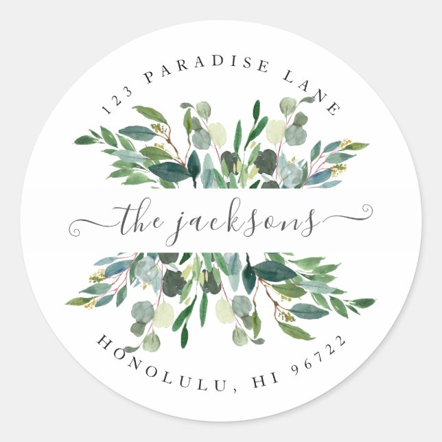 Rustic Watercolor Greenery Eucalyptus Classic Round Sticker (Front)