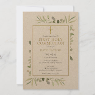 Rustic Watercolor Greenery First Holy Communion Invitation