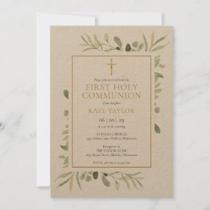 Rustic Watercolor Greenery First Holy Communion Invitation
