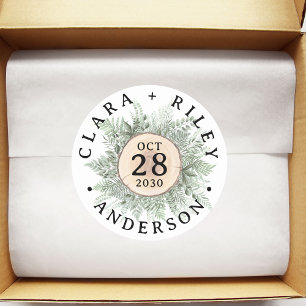 Rustic Watercolor Greenery Floral Wood Wedding  Classic Round Sticker