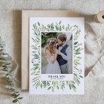 Rustic Watercolor Greenery Frame Photo Wedding Thank You Card<br><div class="desc">Rustic Watercolor Foliage Frame Photo Wedding Thank You Card | Send thanks to family and friends with this customisable thank you card. It features watercolour illustrations of a variety of foliage leaves. This greenery thank you card is perfect for weddings,  graduations,  and so much more.</div>