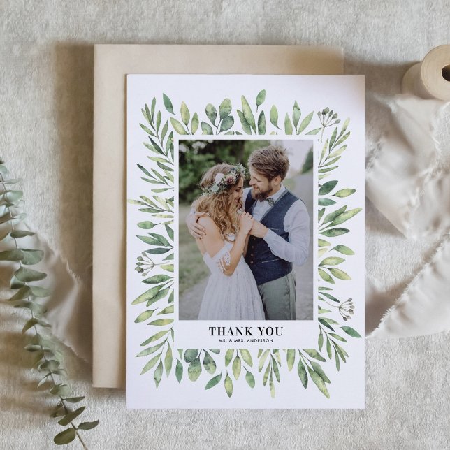 Rustic Watercolor Greenery Frame Photo Wedding Thank You Card (Creator Uploaded)