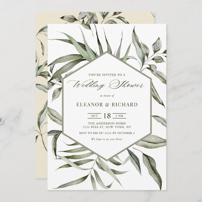 Rustic Watercolor Greenery Frame Wedding Shower Invitation (Front/Back)