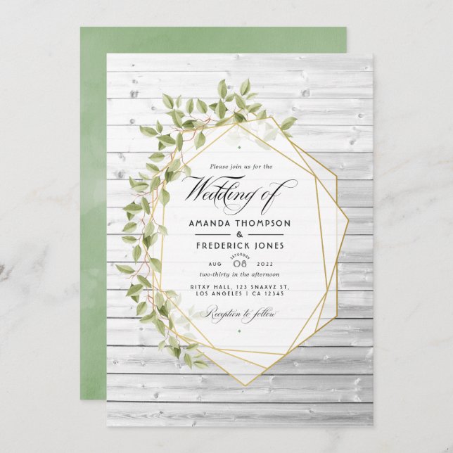 Rustic Watercolor Greenery Geometric Wedding Invitation (Front/Back)