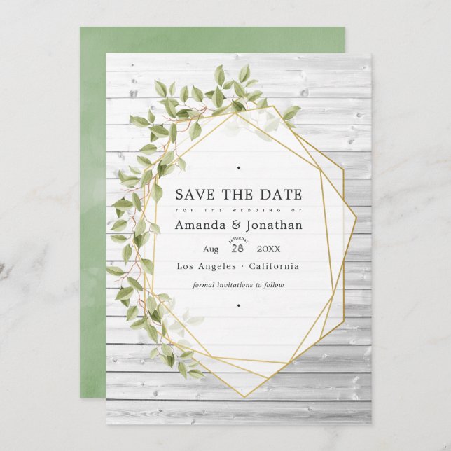 Rustic Watercolor Greenery Geometric Wedding Save The Date (Front/Back)