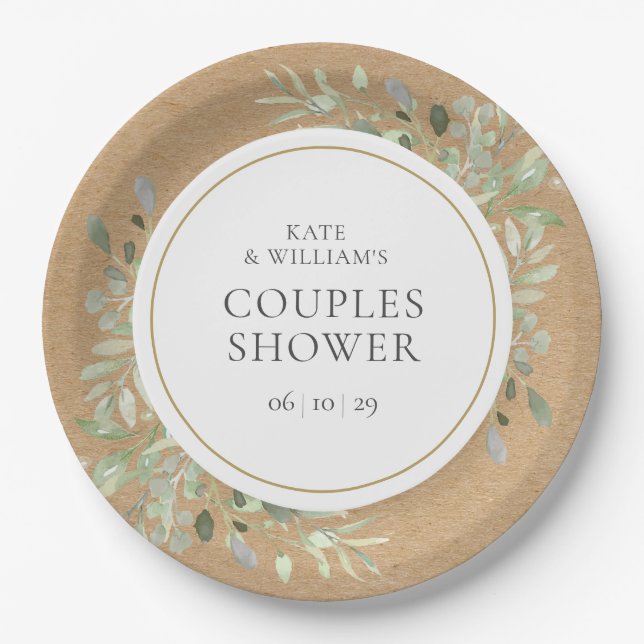 Rustic Watercolor Greenery Leaves Couples Shower Paper Plate (Front)