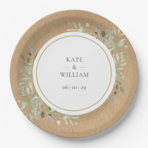 Rustic Watercolor Greenery Leaves Wedding Paper Plate
