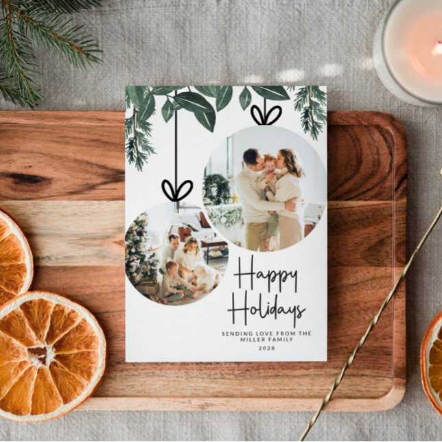 Rustic Watercolor Greenery Multiple Photo Holiday Card (Creator Uploaded)