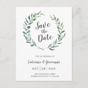 Rustic Watercolor Greenery Non Photo Save the Date Announcement Postcard