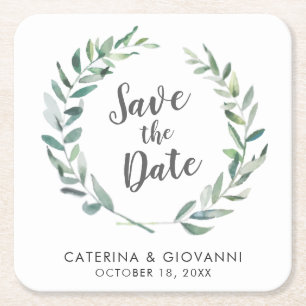 Rustic Watercolor Greenery Non Photo Save the Date Square Paper Coaster