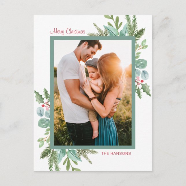 Rustic Watercolor Greenery Photo Merry Christmas Holiday Postcard (Front)