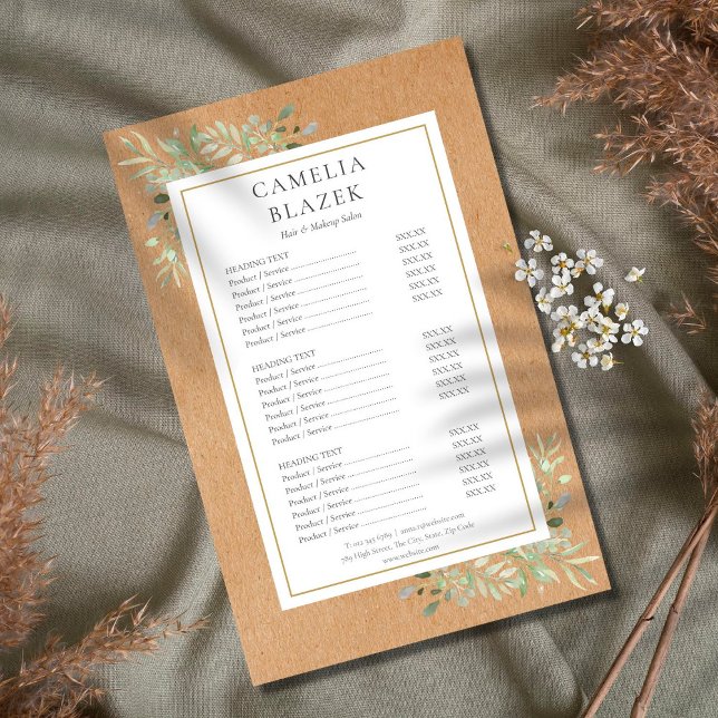Rustic Watercolor Greenery Salon Service Menu (Creator Uploaded)