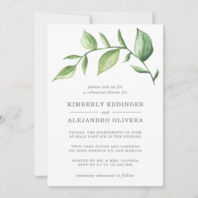 Rustic Watercolor Greenery Sprig Rehearsal Dinner Invitation (Front)