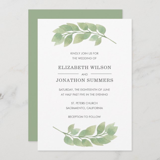 Rustic Watercolor Greenery Wedding Invitation (Front/Back)