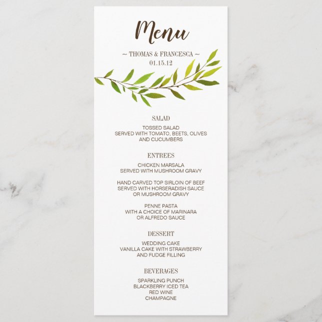 Rustic Watercolor Greenery Wedding Menu Card (Front)