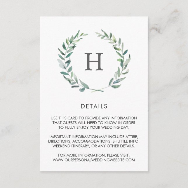 Rustic Watercolor Greenery Wreath Wedding Details Enclosure Card (Front)