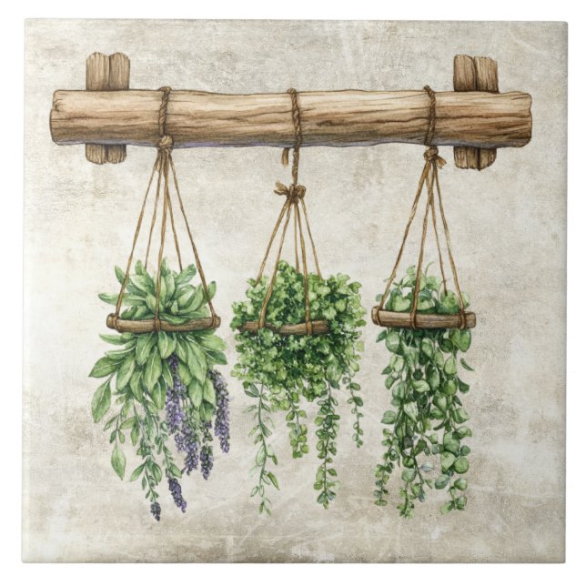 Rustic Watercolor Hanging Herbs with Twine Design Tile (Front)
