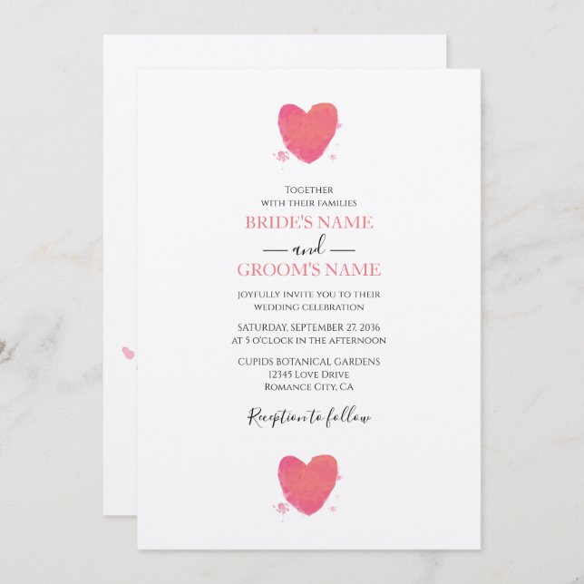 Rustic Watercolor Heart Wedding Invitations (Front/Back)