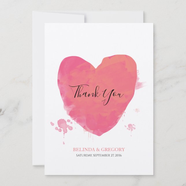 Rustic Watercolor Heart Wedding Thank You Card (Back)