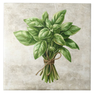 Rustic Watercolor Herbs Basil with Twine Design Tile