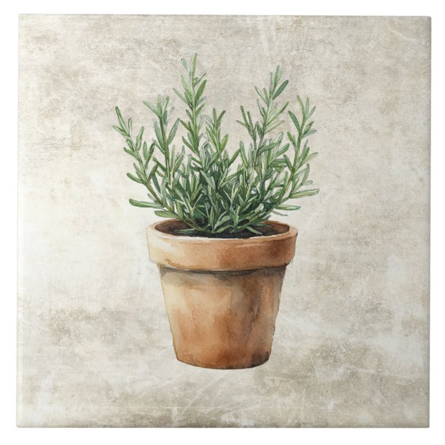 Rustic Watercolor Herbs Rosemary Pot Tile (Front)