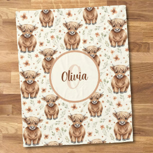 Rustic Watercolor Highland Cow Fleece Blanket