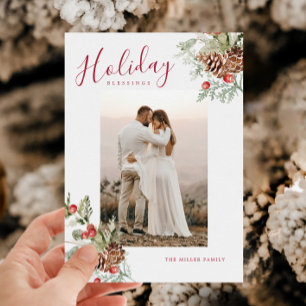 Rustic Watercolor Holiday Blessings Photo Card