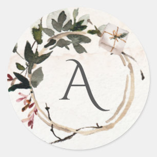 Rustic Watercolor Holiday Monogram Classic Round Sticker