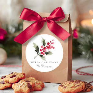 Rustic Watercolor Holly Berry Christmas Classic Round Sticker