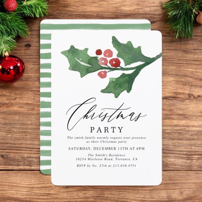 Rustic Watercolor Holly Holiday Christmas Party Invitation (Creator Uploaded)