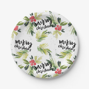Rustic Watercolor Holly Pattern Merry Christmas Paper Plate
