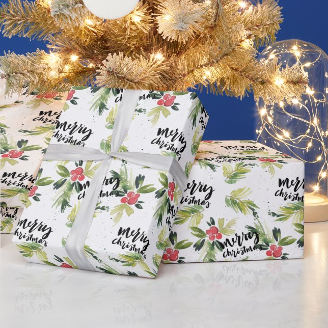 Rustic Watercolor Holly Pattern Merry Christmas Wrapping Paper (Holidays)