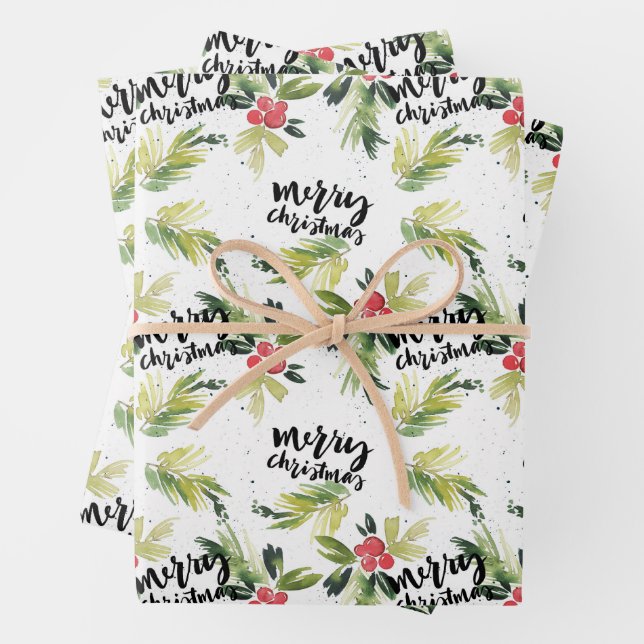 Rustic Watercolor Holly Pattern Merry Christmas Wrapping Paper Sheet (In situ)
