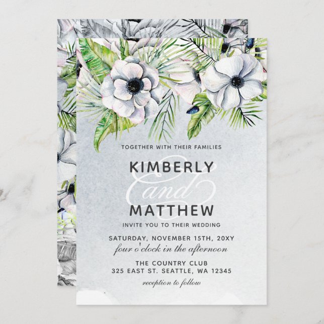 Rustic Watercolor Ice Blue Floral White Wedding Invitation (Front/Back)