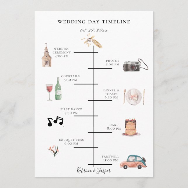 Rustic Watercolor Illustrated Map Wedding Timeline Programme (Front)