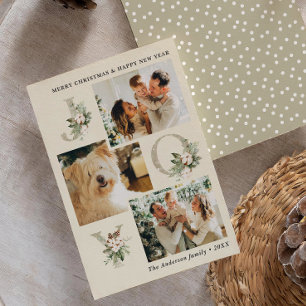 Rustic Watercolor Joy 3-Photo Christmas Holiday Card