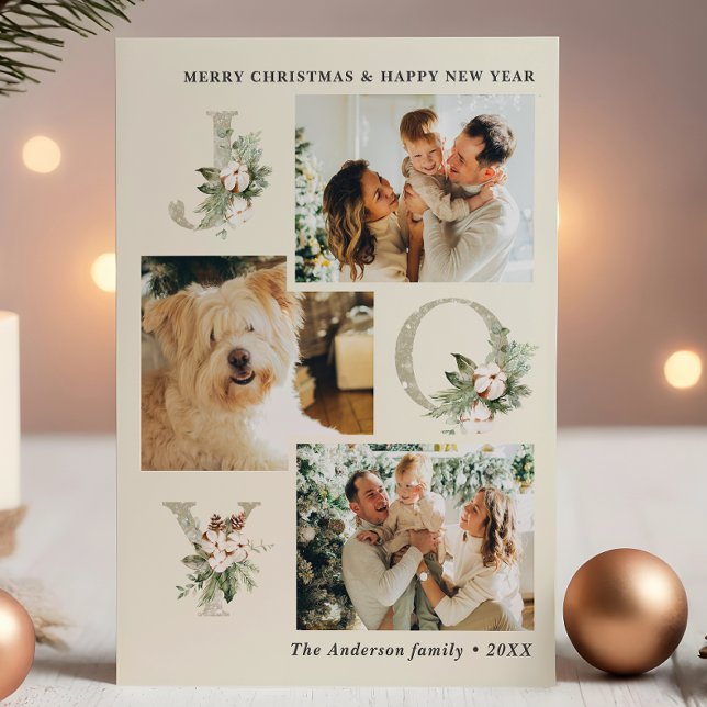 Rustic Watercolor Joy 3-Photo Christmas Holiday Card (Creator Uploaded)