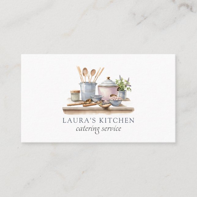 Rustic Watercolor Kitchenware Catering Business Card (Front)
