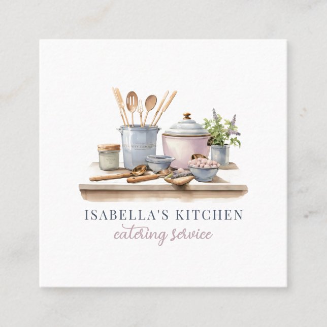 Rustic Watercolor Kitchenware Catering Square Business Card (Front)
