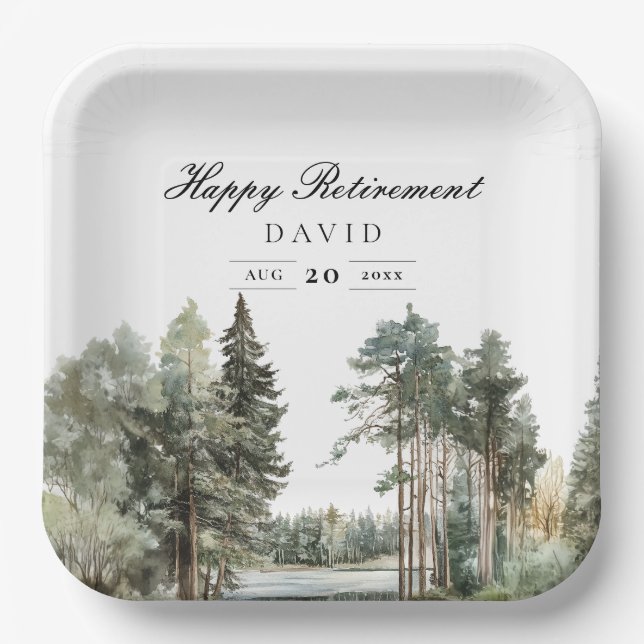 Rustic Watercolor Lake Forest Retirement Party Paper Plate (Front)