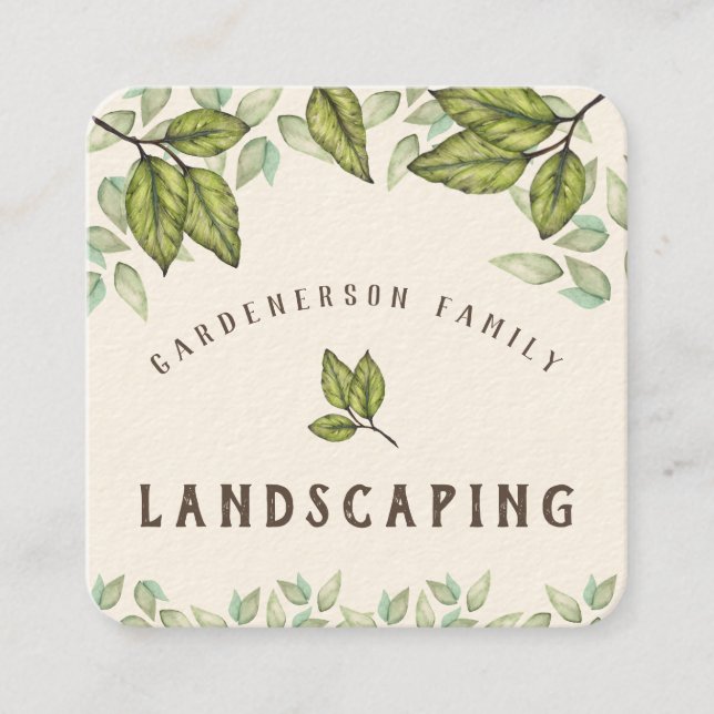 Rustic Watercolor Landscaping Square Business Card (Front)