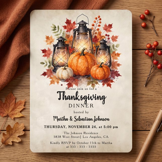 Rustic Watercolor Lantern Pumpkin Thanksgiving Invitation (Creator Uploaded)