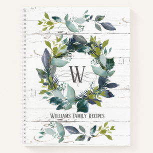 Rustic Watercolor Laurel Wreath Monogram Recipe No Notebook