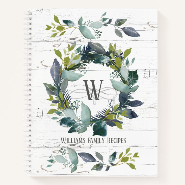 Rustic Watercolor Laurel Wreath Monogram Recipe No Notebook (Front)