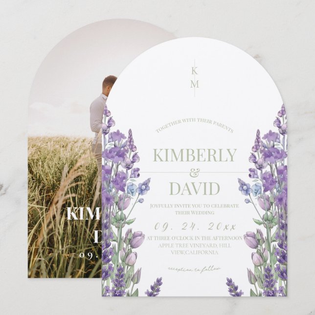 Rustic Watercolor Lavender Photo Wedding Invitation (Front/Back)
