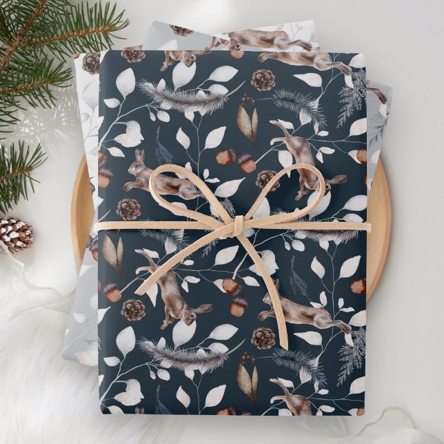 Rustic Watercolor Leaping Hare Winter Wrapping Paper Sheet (Creator Uploaded)