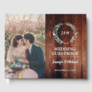 Rustic watercolor leaves barn wood photo Wedding Guest Book