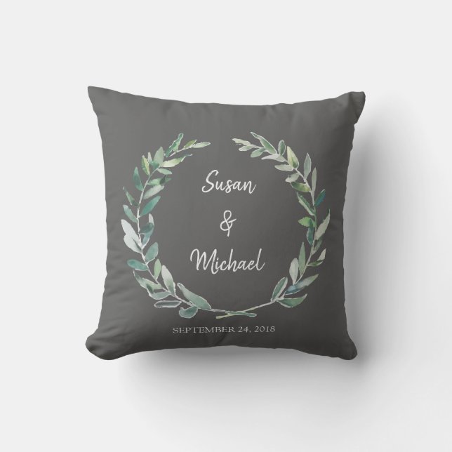 Rustic watercolor leaves bride and groom wedding cushion (Front)