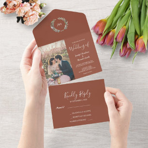 Rustic watercolor leaves monogram photo Wedding All In One Invitation