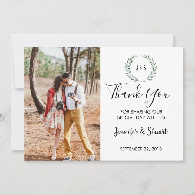 Rustic watercolor leaves monogram photo wedding thank you card (Front)